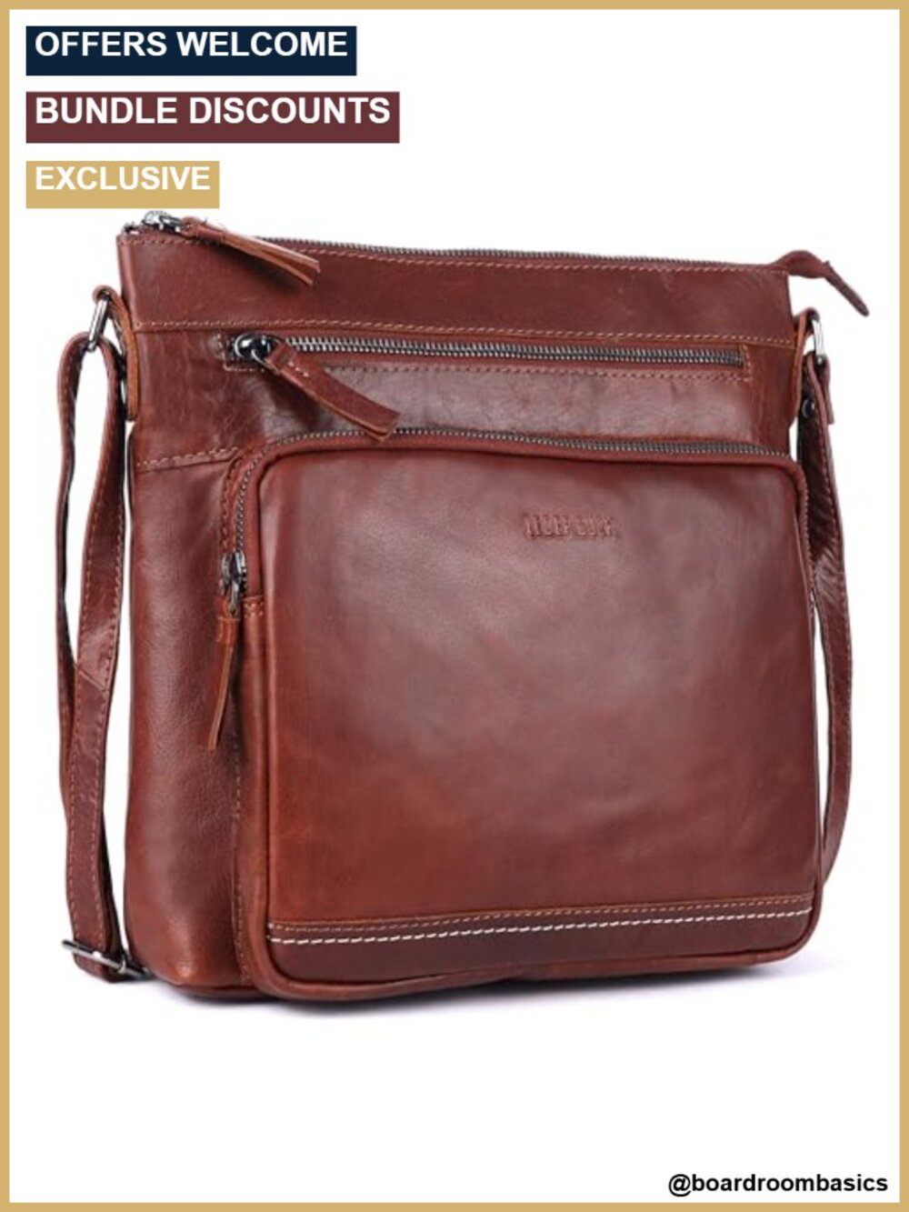 Genuine Leather Extra-Large Crossbody Bag Triple-Zip Shoulder Purse
